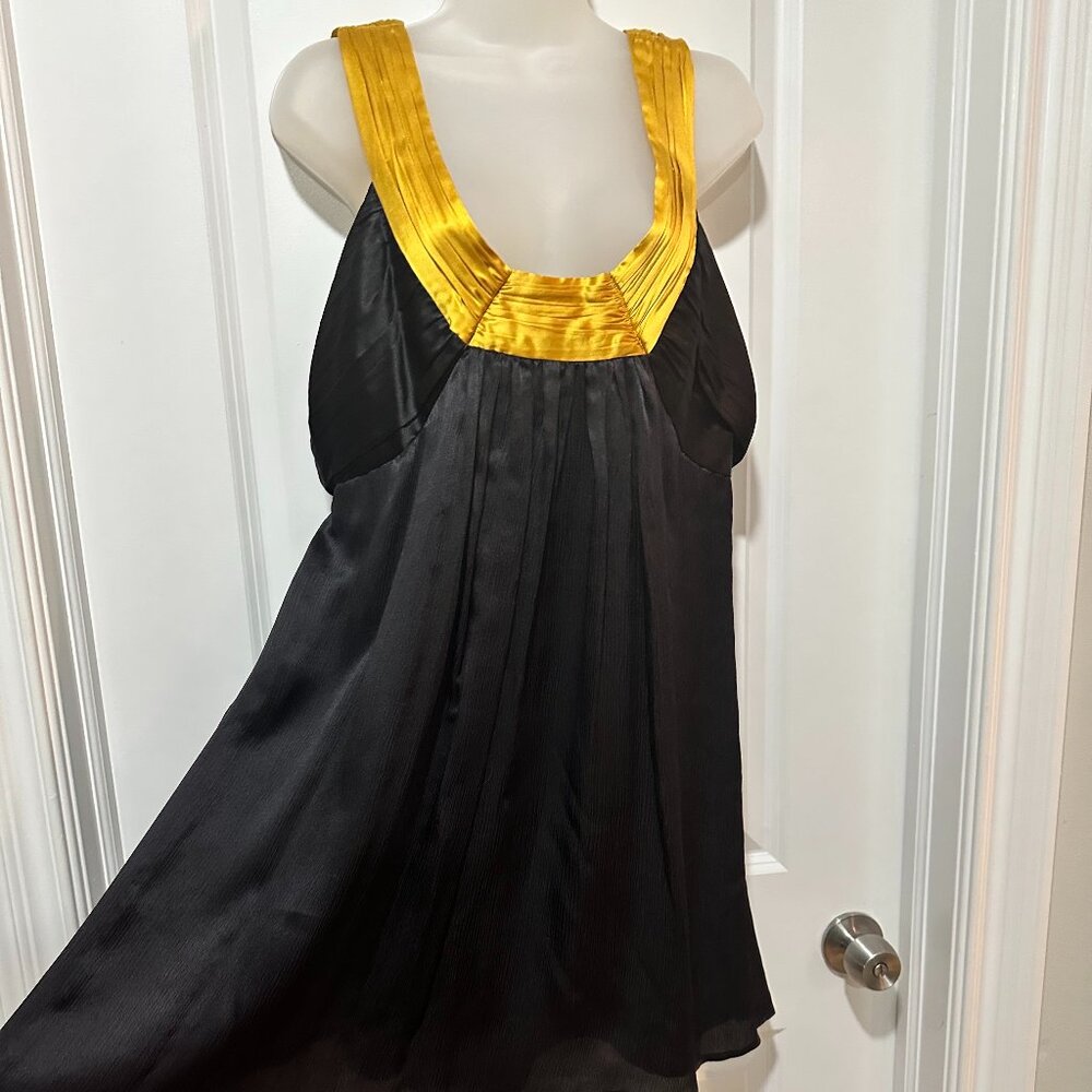 bebe Black w/Gold Neck/Shoulder Border Trim 100% Silk Mini, Size L